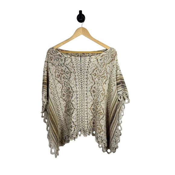 Free People Casablanca Fringe Knit Wool/Linen/Silk/Alpaca Poncho Ivory Multi S - Picture 3 of 13